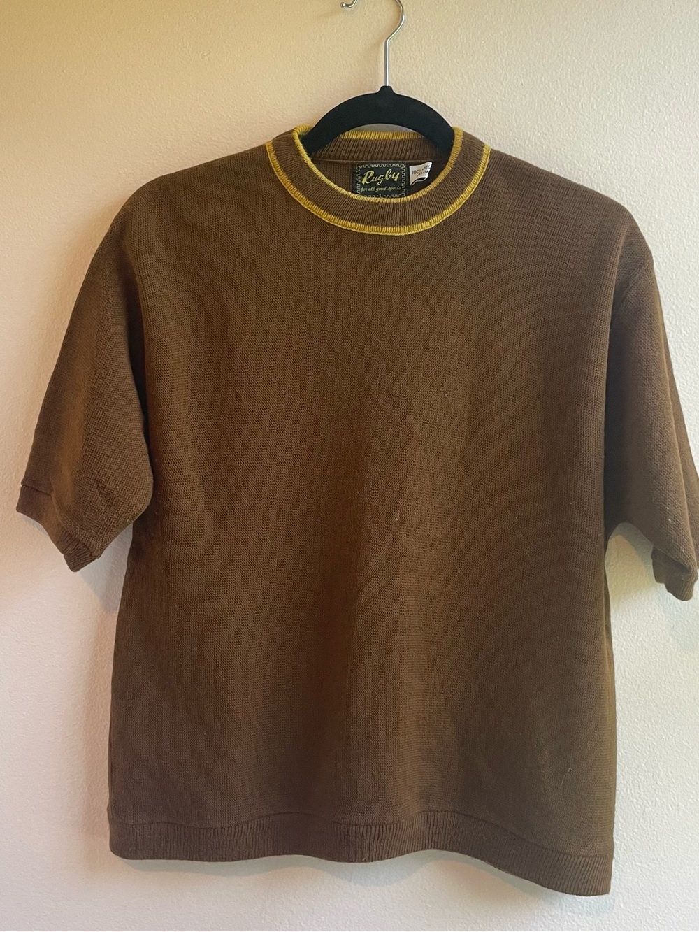 Vintage Rugby Brown Short Sleeve Knit Sweater Mustard Tipped Collar Orlon L